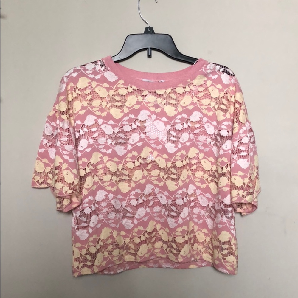 zara pink and yellow mesh and lace top